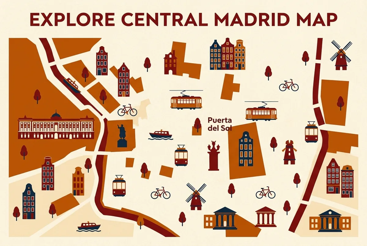 Simple map style illustration of central Madrid marking the main hop on hop off stops near Puerta del Sol and the Royal Palace